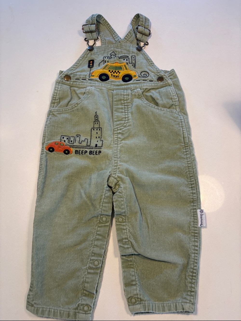 Y2K Green Corduroy Taxi Embroidered Kids Overalls